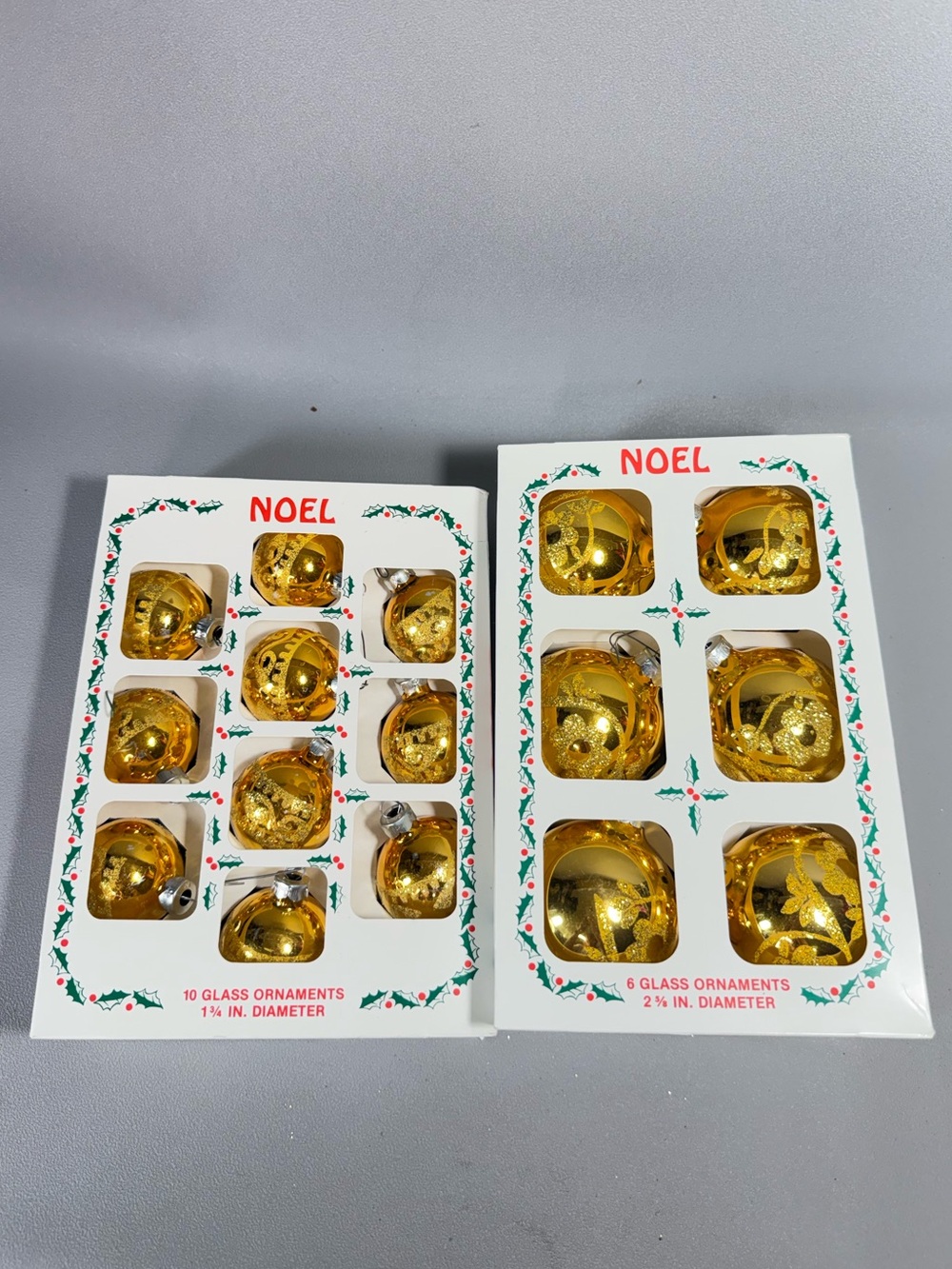 NOEL American Made Vintage Gold Glass Christmas Ornaments - Set of 16